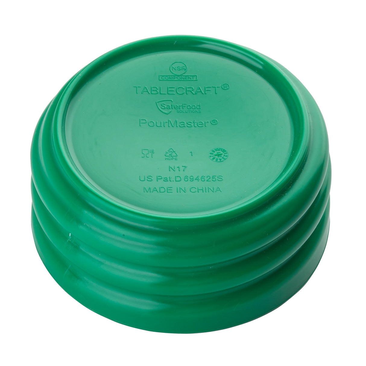 A green, round plastic lid from the StorMaster series with “TABLECRAFT PourMaster” embossed on top. This dishwasher safe PourMaster Low Profile Top is stacked on two similar lids; text includes “Made in China” and a patent number. White background.