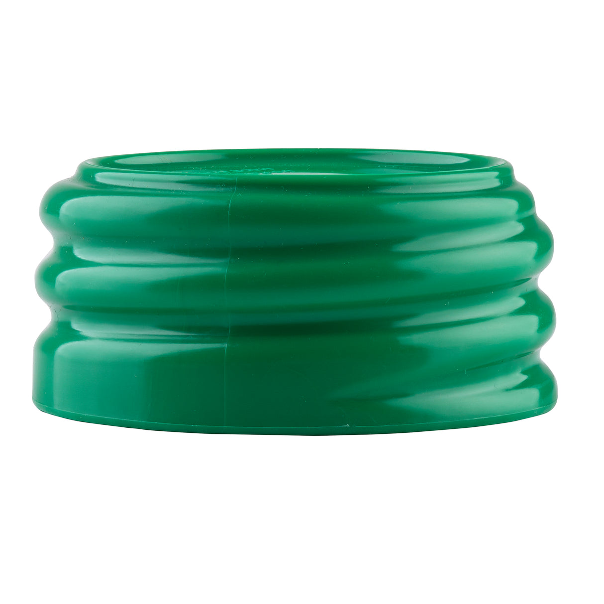 A green, ridged plastic bottle cap from the StorMaster series is shown against a white background. Cylindrical with three horizontal grooves for a ribbed texture, this cap is shiny, dishwasher safe, and has no visible text or markings.