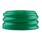 A green, ridged plastic bottle cap from the StorMaster series is shown against a white background. Cylindrical with three horizontal grooves for a ribbed texture, this cap is shiny, dishwasher safe, and has no visible text or markings.