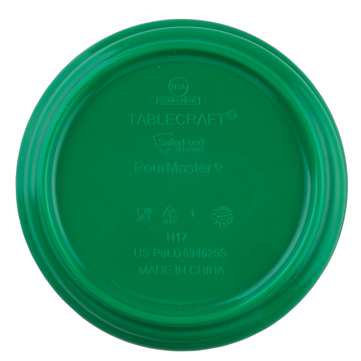 A green plastic lid viewed from above, labeled with TABLECRAFT, PourMaster, NSF, recycling and food safety symbols, and “US Pat.D694625S MADE IN CHINA.” The center area is slightly recessed and the lid is dishwasher safe.
