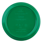 A green plastic lid viewed from above, labeled with TABLECRAFT, PourMaster, NSF, recycling and food safety symbols, and “US Pat.D694625S MADE IN CHINA.” The center area is slightly recessed and the lid is dishwasher safe.