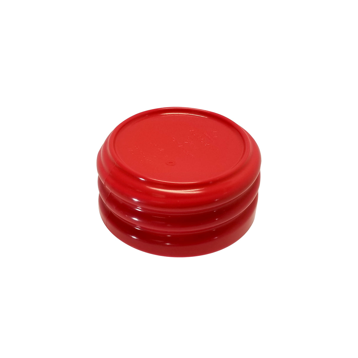 A bright red, round plastic lid with a raised edge and two indented grooves around its side, is shown upside down against a plain white background. This StorMaster lid is dishwasher safe for easy cleaning.