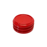 A bright red, round plastic lid with a raised edge and two indented grooves around its side, is shown upside down against a plain white background. This StorMaster lid is dishwasher safe for easy cleaning.