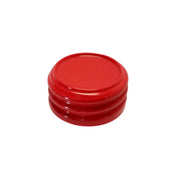 A bright red, round plastic lid with a raised edge and two indented grooves around its side, is shown upside down against a plain white background. This StorMaster lid is dishwasher safe for easy cleaning.