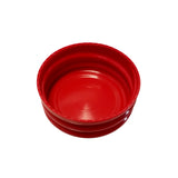 A red, round, collapsible silicone bowl is shown fully expanded against a white background. The bowl features smooth sides with ridges for compact storage and is dishwasher safe for easy cleaning.