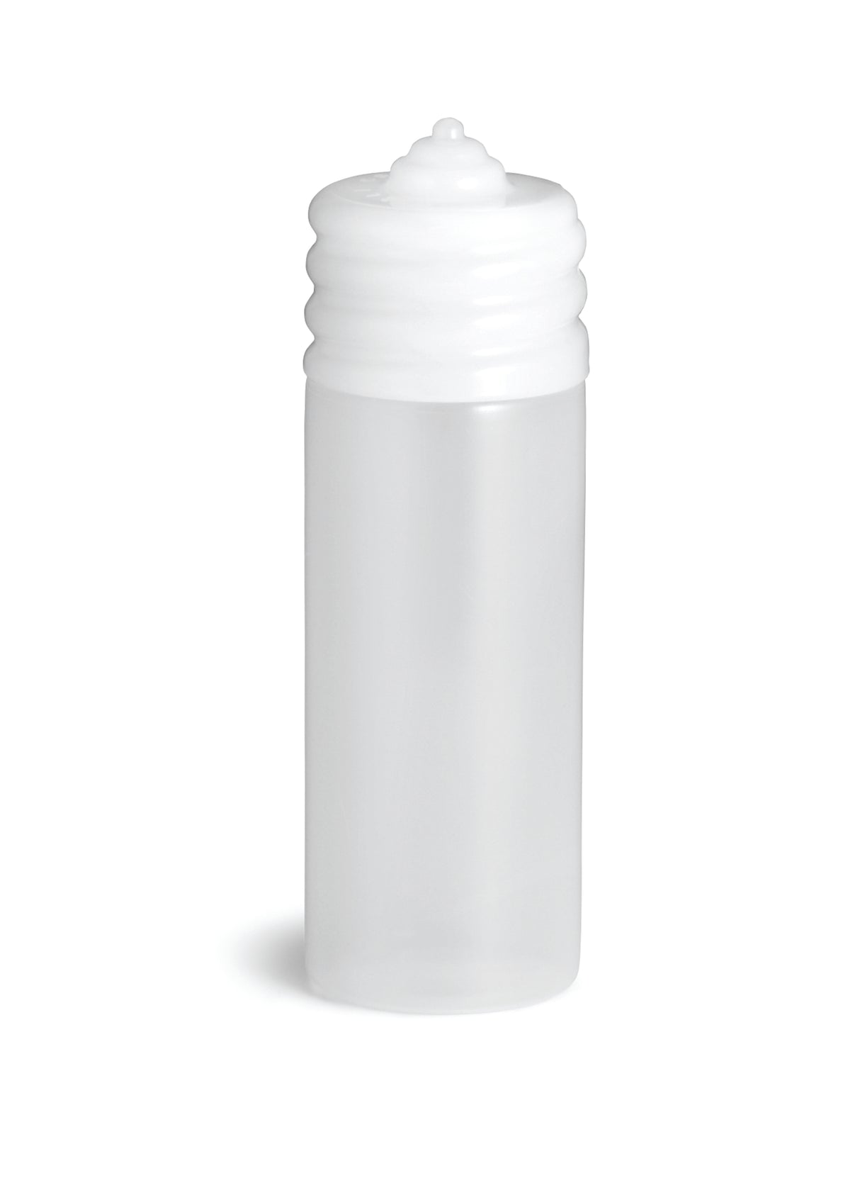 A small, translucent 20 oz squeeze bottle with a white ribbed screw-on cap sits upright on a plain white background. This unmarked, cylindrical bottle is likely dishwasher safe and perfect for storing liquids or gels.
