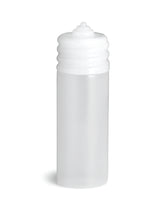 A small, translucent 20 oz squeeze bottle with a white ribbed screw-on cap sits upright on a plain white background. This unmarked, cylindrical bottle is likely dishwasher safe and perfect for storing liquids or gels.