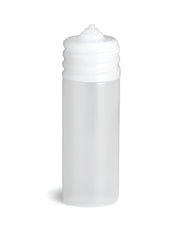 A small, translucent 20 oz squeeze bottle with a white ribbed screw-on cap sits upright on a plain white background. This unmarked, cylindrical bottle is likely dishwasher safe and perfect for storing liquids or gels.