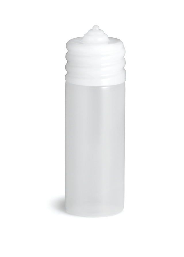 A small, translucent 20 oz squeeze bottle with a white ribbed screw-on cap sits upright on a plain white background. This unmarked, cylindrical bottle is likely dishwasher safe and perfect for storing liquids or gels.
