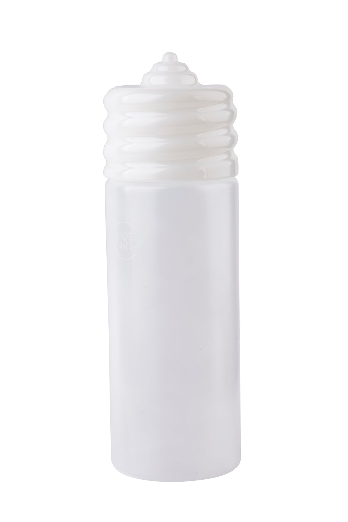 A translucent, cylindrical 20 oz squeeze bottle with a white, ribbed, dome-shaped cap. The plain WideMouth Squeeze Bottle sits against a white background and is ideal for convenient dispensing and dishwasher-safe use.