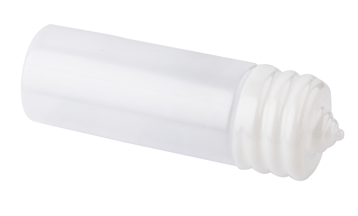 A white, 20 oz WideMouth Squeeze Bottle with a pointed nozzle cap lies on its side against a white background. The clean, unlabelled bottle from SaferFood Solutions is perfect for dispensing liquids or gels with precision.
