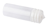 A white, 20 oz WideMouth Squeeze Bottle with a pointed nozzle cap lies on its side against a white background. The clean, unlabelled bottle from SaferFood Solutions is perfect for dispensing liquids or gels with precision.