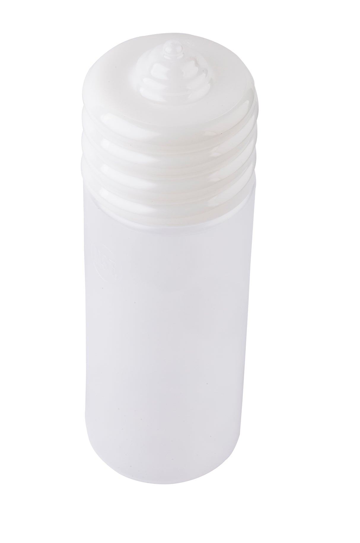 A translucent white WideMouth Squeeze Bottle with a textured, ridged screw-on cap is shown against a plain white background. The cylindrical, unlabelled 20 oz squeeze bottle features smooth sides and a domed top on the cap.