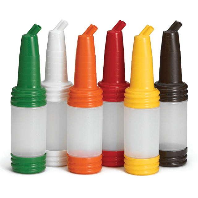 Six empty plastic pour bottles with color-coded caps and bases—green, white, orange, red, yellow, and brown—are lined up side by side. The middle section of each PourMaster Complete Unit is transparent, revealing they are all unused.