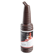 A tall, dark brown PourMaster Long Neck Top plastic bottle with ridged sides and a pour spout, commonly used in bars. It features a white label with red accents and text, including an image of a bartender pouring a drink. Dishwasher safe.