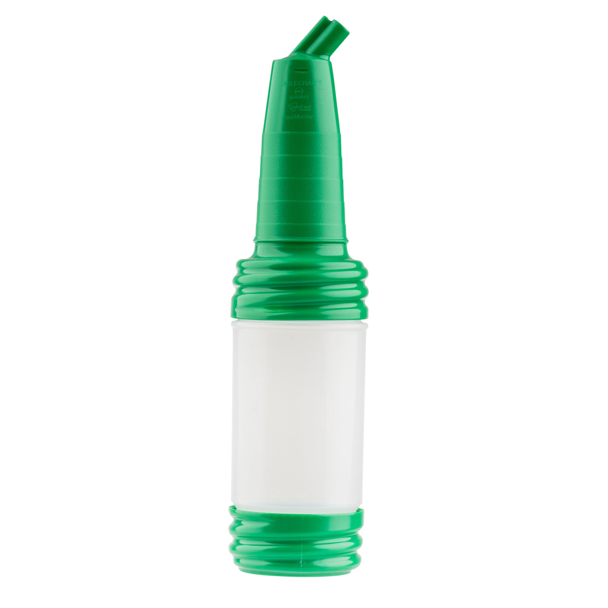 A green and white PourMaster Long Neck Top squeeze bottle with a pointed, ridged green cap and base, featuring a translucent body for liquid storage. The functional design is sturdy, dishwasher safe, and ideal for SaferFood Solutions.