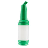 A green and white PourMaster Long Neck Top squeeze bottle with a pointed, ridged green cap and base, featuring a translucent body for liquid storage. The functional design is sturdy, dishwasher safe, and ideal for SaferFood Solutions.