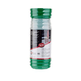A clear plastic spice shaker with green lid and base. The white label features red and gray accents, product details, and an image of the shaker in use. Dishwasher safe, this TableCraft item is part of the SaferFood Solutions line.