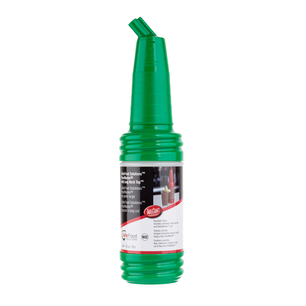 A tall green plastic bottle with ridged sides and a pointed spout, featuring a PourMaster Long Neck Top. The mostly white label displays product information, certification logos, and notes that the bottle is dishwasher safe.