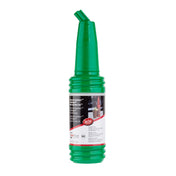 A tall green plastic bottle with ridged sides and a pointed spout, featuring a PourMaster Long Neck Top. The mostly white label displays product information, certification logos, and notes that the bottle is dishwasher safe.