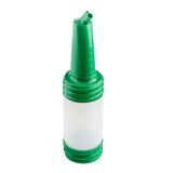 A plastic squeeze bottle with a green PourMaster Long Neck Top spout and cap, a translucent white cylindrical body, and wide ridged green bands. The tapered cap features a small angled nozzle for pouring and is dishwasher safe for easy cleaning.