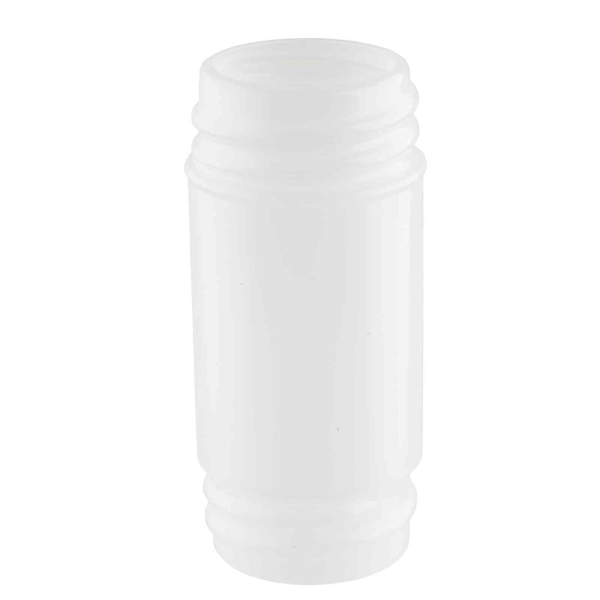 A plain, translucent white plastic Replacement Container bottle with a cylindrical shape, two horizontal ridges near the top and bottom, and a wide, threaded neck for a screw-on cap. Dishwasher safe and ideal for PourMaster N32 systems.