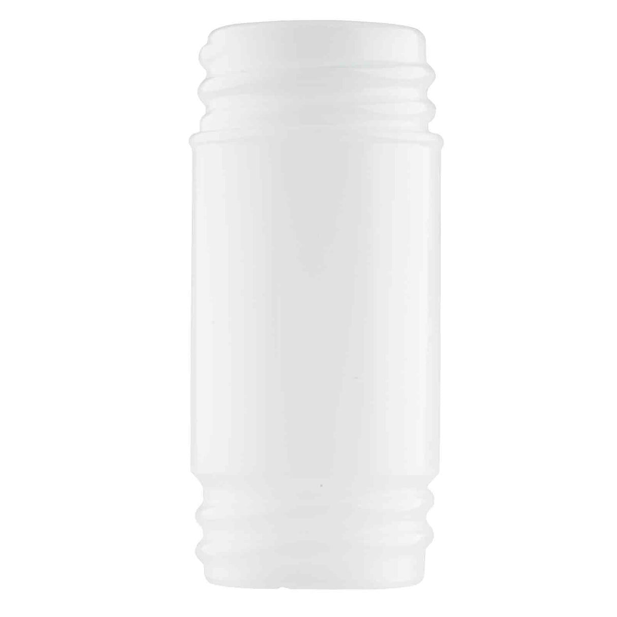 A clear, empty PourMaster N32 Replacement Container with a cylindrical shape, visible screw threads at both the top and bottom, and smooth sides. This dishwasher safe bottle is positioned upright against a plain white background.