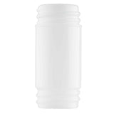 A clear, empty PourMaster N32 Replacement Container with a cylindrical shape, visible screw threads at both the top and bottom, and smooth sides. This dishwasher safe bottle is positioned upright against a plain white background.