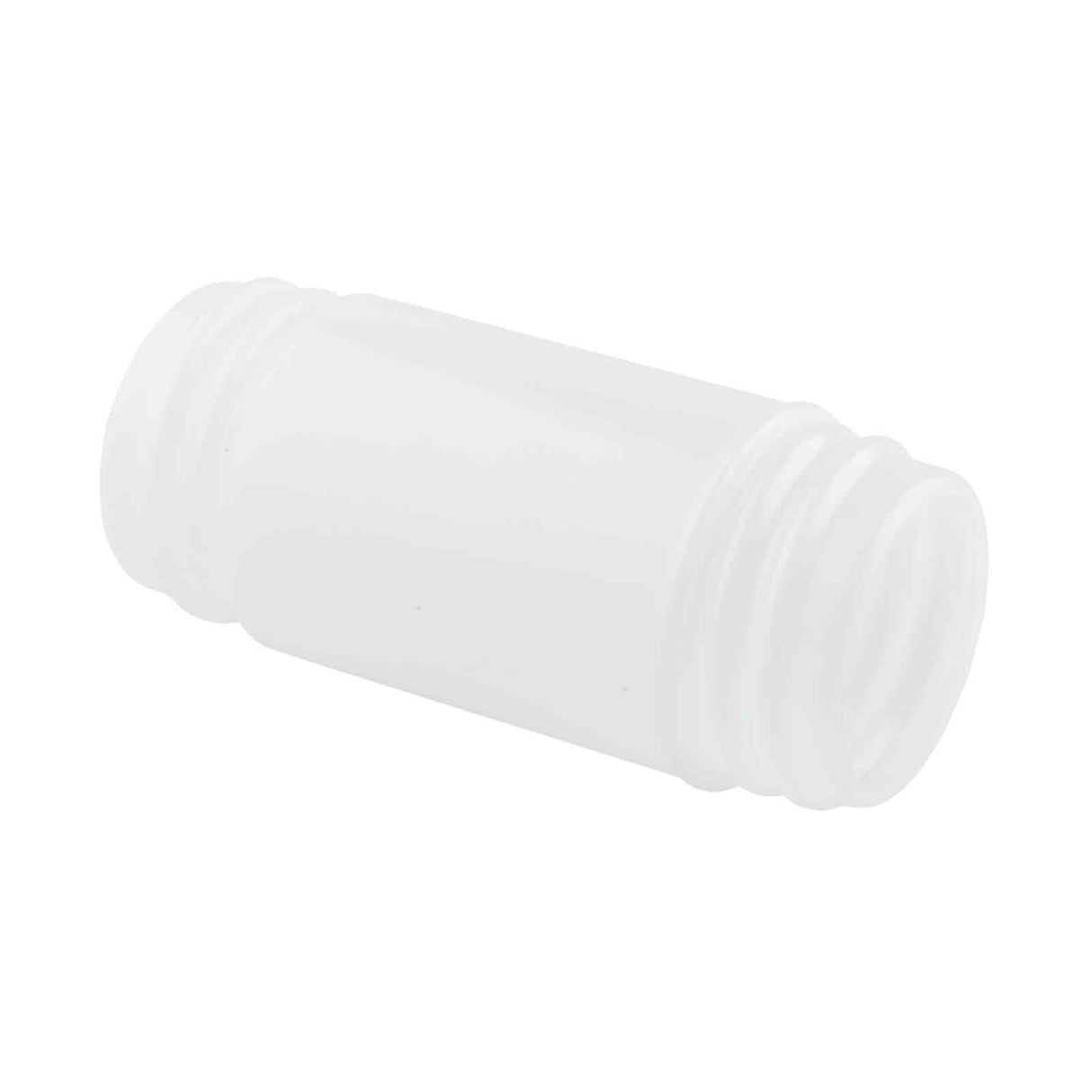 A white, cylindrical plastic connector with external threads on both ends, designed for joining two pipes or hoses. Dishwasher safe, the PourMaster N32 Replacement Container is shown on a white background, highlighting its smooth and symmetrical shape.