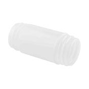 A white, cylindrical plastic connector with external threads on both ends, designed for joining two pipes or hoses. Dishwasher safe, the PourMaster N32 Replacement Container is shown on a white background, highlighting its smooth and symmetrical shape.
