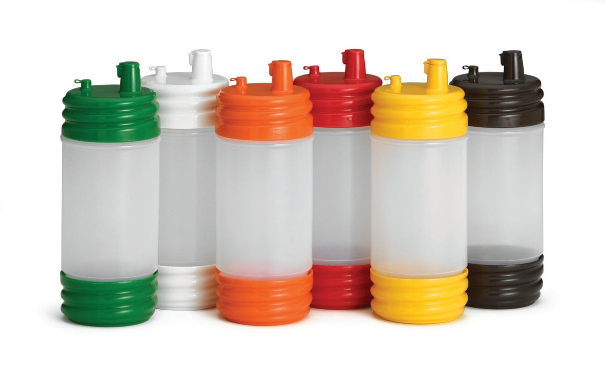 Six BPA free plastic PourMaster Complete Unit squeeze bottles are arranged in a row. Each has a translucent body and color-coded caps and bases—green, white, orange, red, yellow, and black—with spouts for easy pouring against a white background.