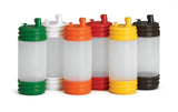 Six BPA free plastic PourMaster Complete Unit squeeze bottles are arranged in a row. Each has a translucent body and color-coded caps and bases—green, white, orange, red, yellow, and black—with spouts for easy pouring against a white background.