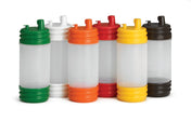 Six BPA free plastic PourMaster Complete Unit squeeze bottles are arranged in a row. Each has a translucent body and color-coded caps and bases—green, white, orange, red, yellow, and black—with spouts for easy pouring against a white background.
