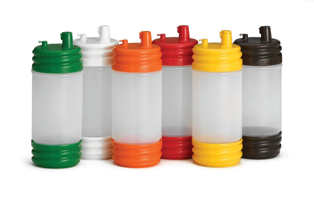 Six BPA free plastic PourMaster Complete Unit squeeze bottles are arranged in a row. Each has a translucent body and color-coded caps and bases—green, white, orange, red, yellow, and black—with spouts for easy pouring against a white background.