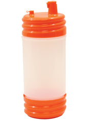 A translucent plastic water bottle with bright orange accents, a textured grip at the top and bottom, and an orange pop-up spout on the lid features a PourMaster Long Neck Top and is dishwasher safe, photographed on a white background.