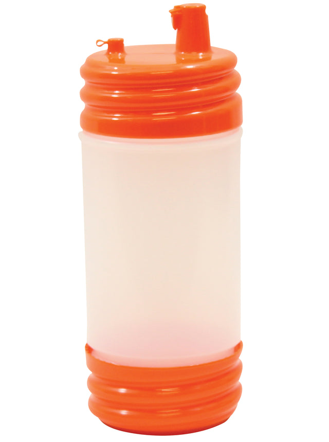 A translucent plastic water bottle with bright orange accents, a textured grip at the top and bottom, and an orange pop-up spout on the lid features a PourMaster Long Neck Top and is dishwasher safe, photographed on a white background.