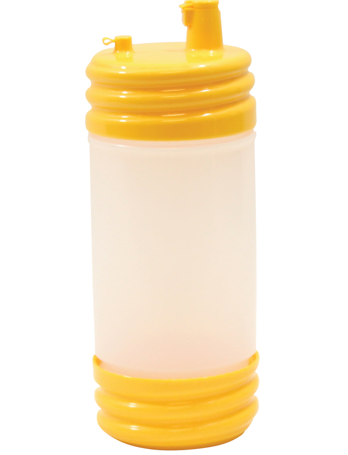 A translucent PourMaster Bottle with a bright yellow, low profile top and base. The lid features a spout for drinking, a small cap attached by a tab, and the cylindrical bottle has ribbed edges at the top and bottom.