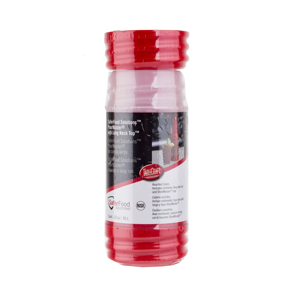 A clear plastic spice container with a red lid and base, mostly empty. The label features a kitchen scene and “SaferFood Solutions.” Notably, it’s dishwasher safe. Capacity: 20 oz/591 L. Compatible with PourMaster Long Neck Top and marked “TableCraft.”.