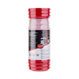 A clear plastic spice container with a red lid and base, mostly empty. The label features a kitchen scene and “SaferFood Solutions.” Notably, it’s dishwasher safe. Capacity: 20 oz/591 L. Compatible with PourMaster Long Neck Top and marked “TableCraft.”.
