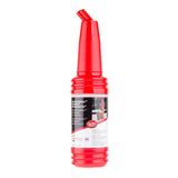 A tall, bright red plastic bottle with raised rings, a narrow neck, and a bent spout. Featuring the SaferFood Solutions PourMaster Long Neck Top, it has a white label with text and image. The bottle is dishwasher safe and set against a completely white background.