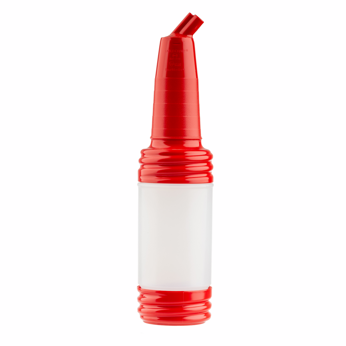 A plastic bottle with a white cylindrical middle and red ribbed PourMaster Long Neck Top. The angled spout is ideal for pouring juice or mixers in bars. Dishwasher safe, it's an essential for SaferFood Solutions, shown upright on a white background.