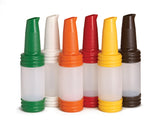 Six empty plastic PourMaster Complete Unit bottles are lined up side by side. Each BPA free bottle features color-coded caps and bases in green, white, orange, red, yellow, and brown, with transparent bodies that reveal the inside.