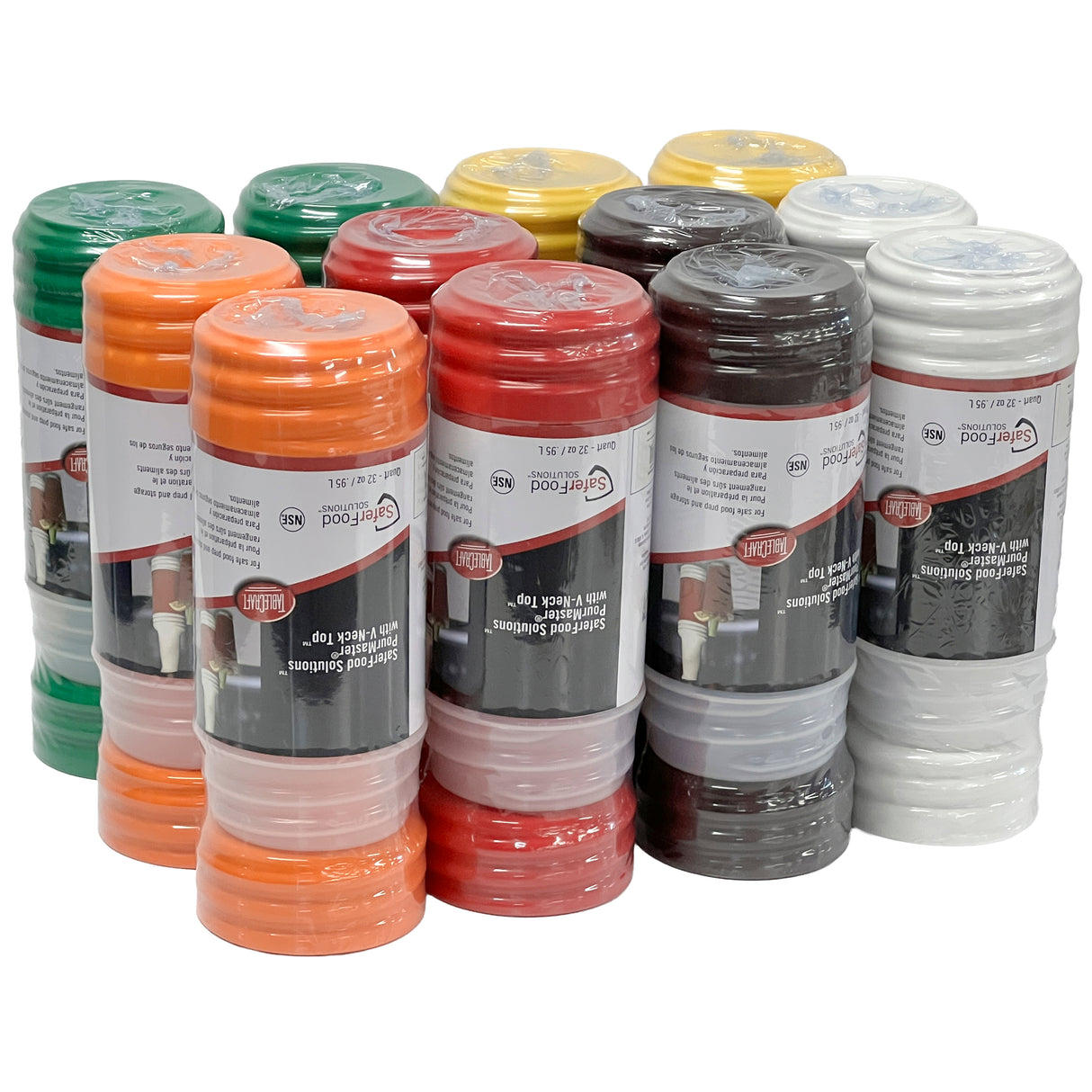 Twelve stacked BPA free salt and pepper shakers, wrapped in clear plastic, feature color-coded caps—red, orange, green, yellow, black, and white—with matching bases. Each shaker has a white label with text and a kitchen scene image.