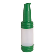 A translucent PourMaster Bottle with a green screw-on pour spout and matching base, commonly used for juice or syrup in bars. The cylindrical bottle is dishwasher safe, and the angled spout ensures easy pouring.