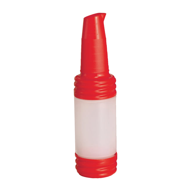 A translucent PourMaster Bottle with a red, ridged base and a matching red, slanted pour spout lid, designed for dispensing liquids and dishwasher safe, is shown upright against a white background.
