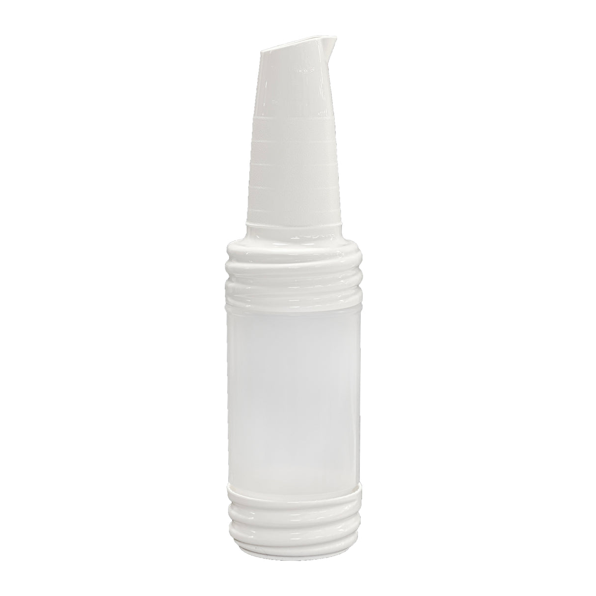 A white, opaque PourMaster Bottle with a tall, narrow neck and a ribbed design at the top and bottom. The bottle features a small, angled spout and a smooth cylindrical shape. It is unmarked, dishwasher safe, and free of any labels or branding.