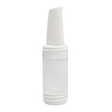 A white, opaque PourMaster Bottle with a tall, narrow neck and a ribbed design at the top and bottom. The bottle features a small, angled spout and a smooth cylindrical shape. It is unmarked, dishwasher safe, and free of any labels or branding.