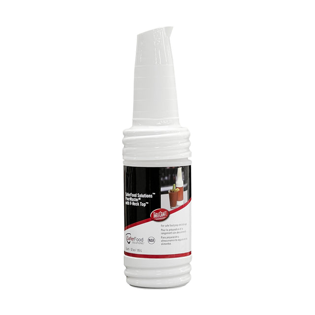 A white, ribbed plastic PourMaster Bottle with a tall, angled spout. The label reads “Redford Solutions™ Interleaved Napkin Dispenser with Stack Top,” displays the Interleaved logo, and notes that the bottle is dishwasher safe.