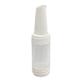 A white and translucent PourMaster Bottle with a spout top and ribbed grip, commonly used in bars for storing and dispensing mixers or juices. The spout is closed, the bottle stands upright on a white background, and it’s dishwasher safe.