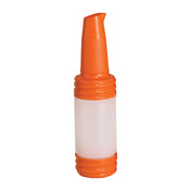 A PourMaster Bottle with an orange, ribbed spout and base, and a translucent white body. The tall, tapered spout ensures precise pouring. This dishwasher safe bottle is set against a plain white background.